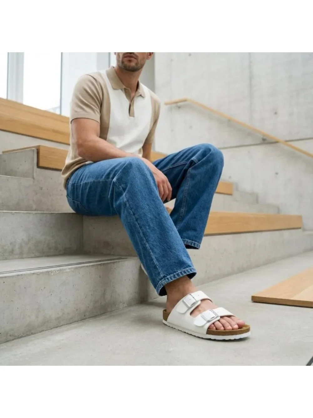 Men's White Lane Cork Footbed Sandals Adjustable Buckle Comfort Slides